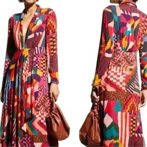 NWT Farm Rio Red Abstract Patches Maxi Dress Long Sleeves Women's XS